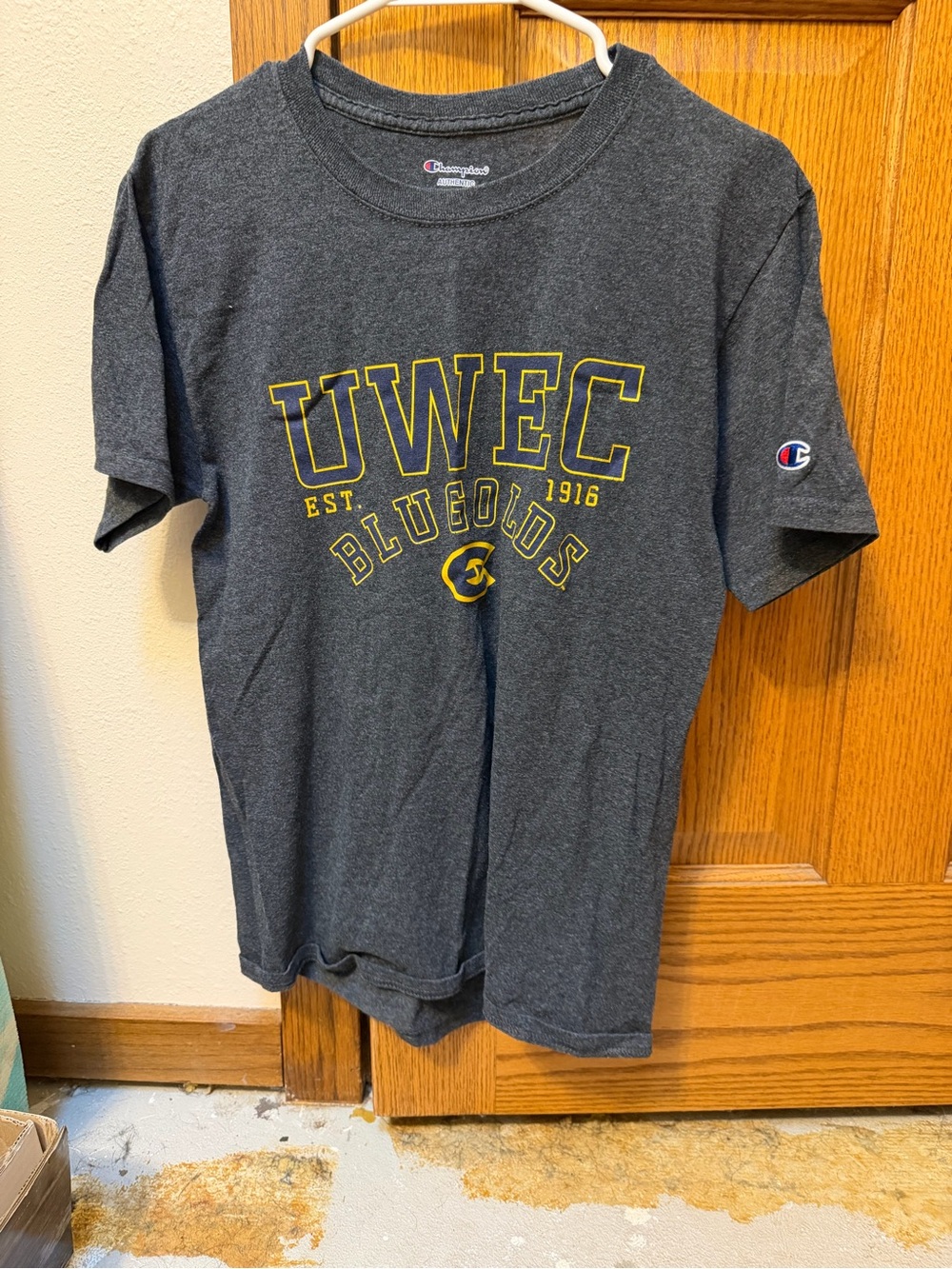 Champion Charcoal UWEC Bluegolds Graphic Tee with Yellow Print
